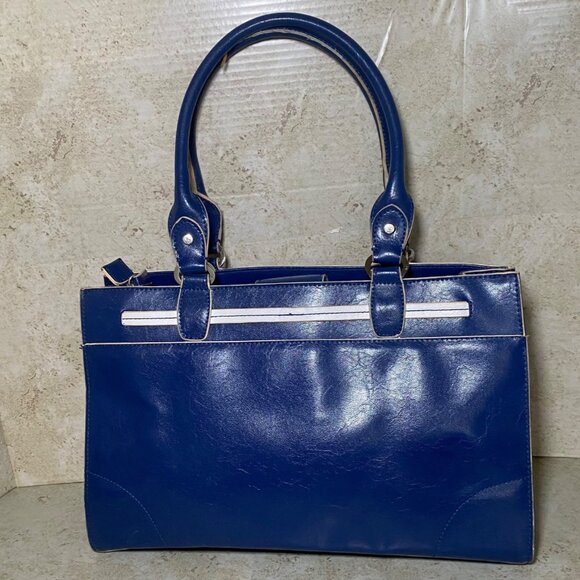 Vtg Liz Claiborne Blue Faux Leather Handbag With White Accent Bow & Dual Handles - Picture 2 of 8